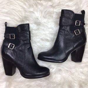 FRYE PATTY - Black Leather Ankle Booties Patty Riding Heels Zip Moto Strap 7.5
